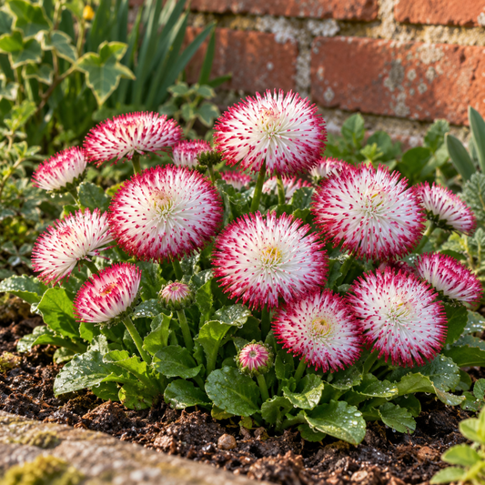 Double daisy flowers with deep red petals tipped in white
