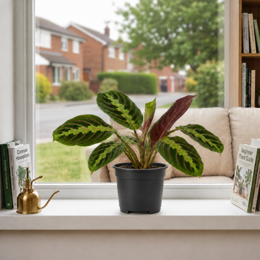 Maranta 'Fascinator' prayer plant with deep green leaves marked in pink-red veining
