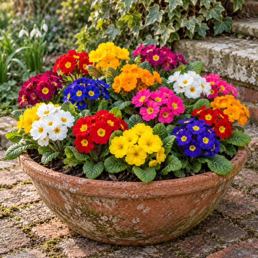 Polyanthus 'Piano Mix' bedding plants in flower in mixed jewel colours with bright centres
