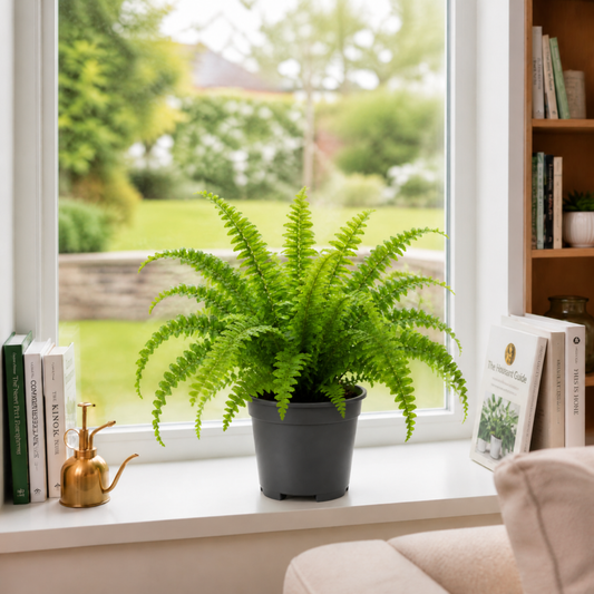 A Boston Fern with bright green, feathery fronds in a plant pot.