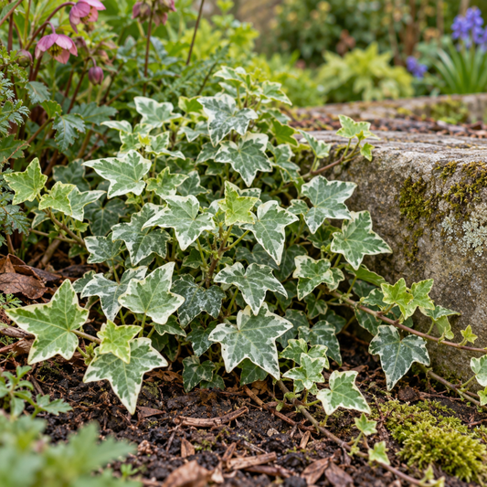 Trailing ivy leaves in green with silver and white variegation
