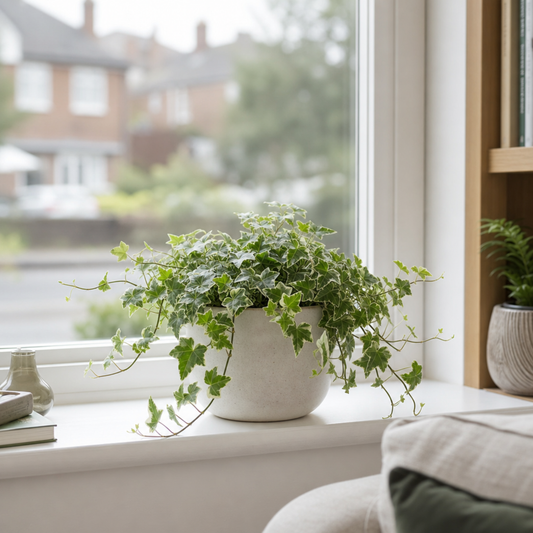 Variegated ivy trailing houseplant with green and cream leaves in a pot.