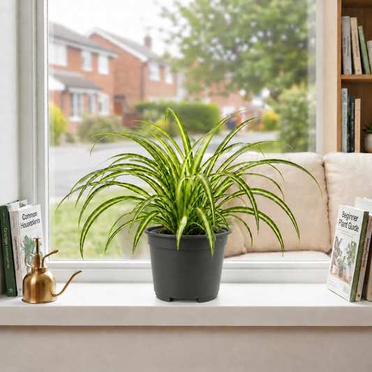 Spider plant with trailing green and white striped leaves.