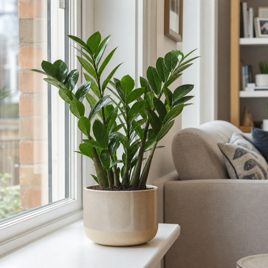 ZZ Plant with glossy dark green foliage in a pot.