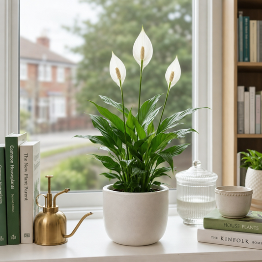 A peace lily houseplant with glossy green leaves and white flowers in a pot.