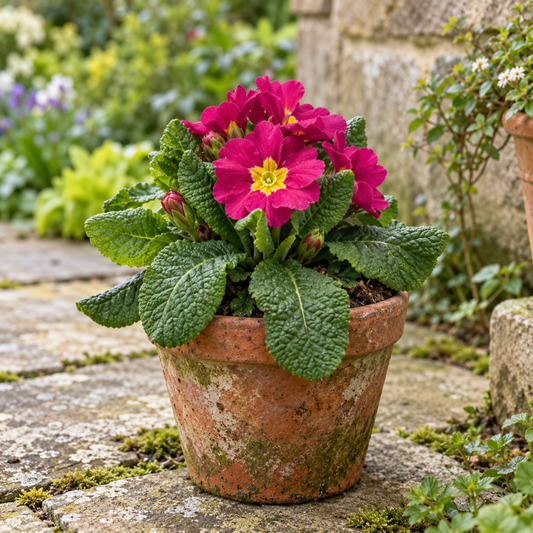 Rose-pink polyanthus flowers above deep green crinkled leaves.