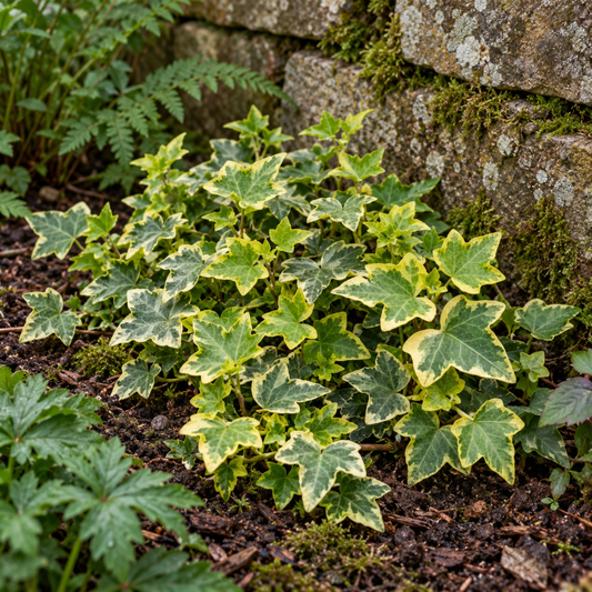 Trailing ivy plants with green leaves edged in golden yellow.