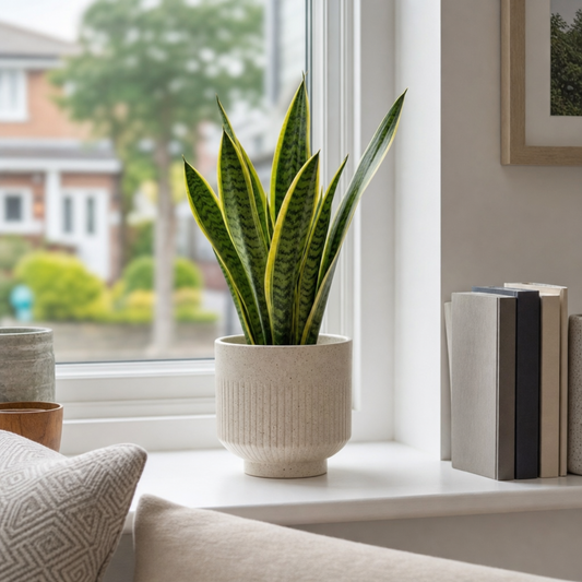 A variegated snake plant with dark green and yellow upright leaves in a pot.