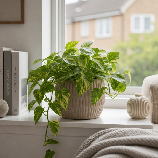 A trailing pothos plant with green and creamy-yellow variegated heart-shaped leaves.
