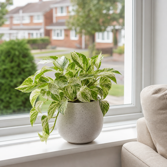 Epipremnum aureum 'Marble Queen' pothos with green and white variegated trailing leaves.