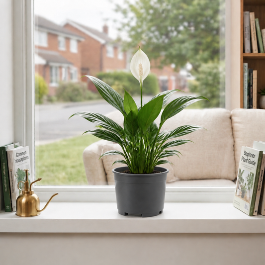 Peace Lily houseplant with white flowers and glossy dark green leaves.