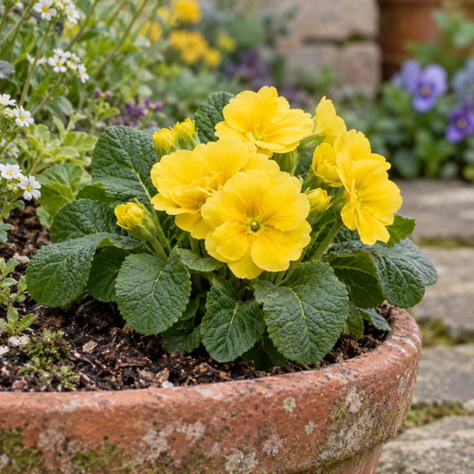 Bright yellow polyanthus flowers with green crinkled leaves.