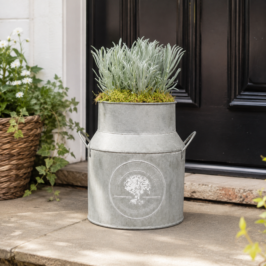 Purple lavender flowers in milk churn planter with moss finish