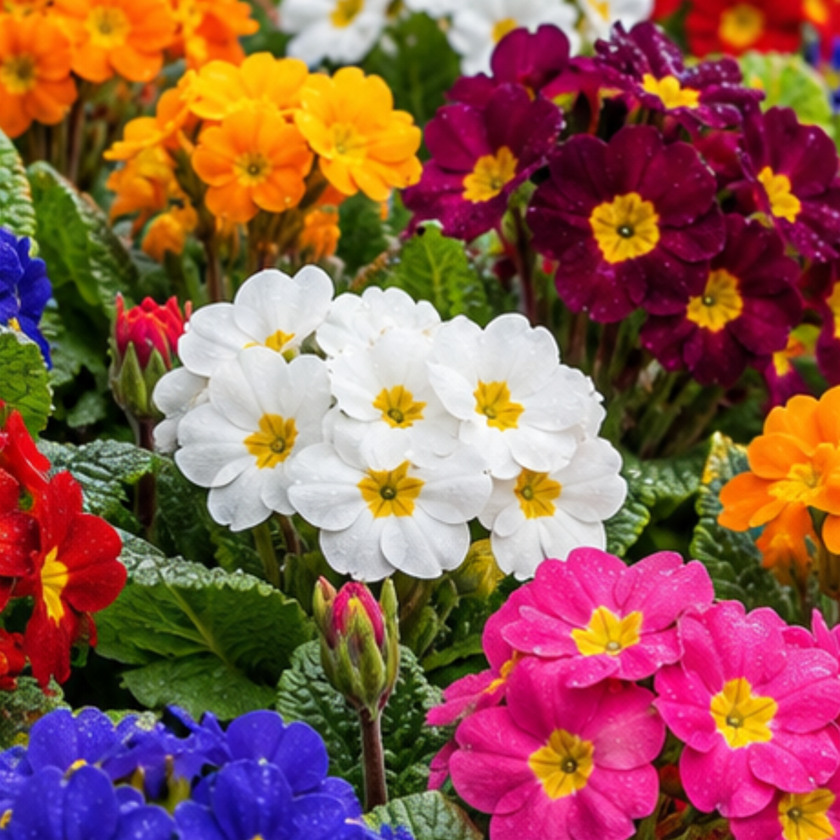 Polyanthus 'Piano Mix' bedding plants in flower in mixed jewel colours with bright centres