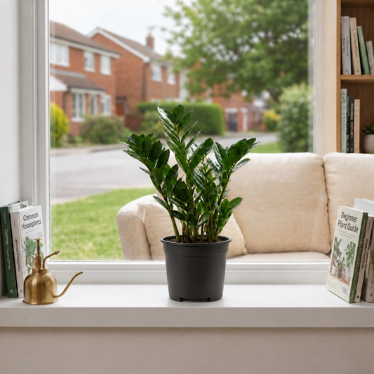 A ZZ Plant (Zamioculcas zamiifolia) with glossy dark green leaves.