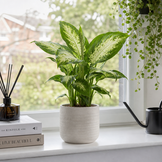 A Dieffenbachia Camilla dumb cane plant with cream and green variegated leaves.