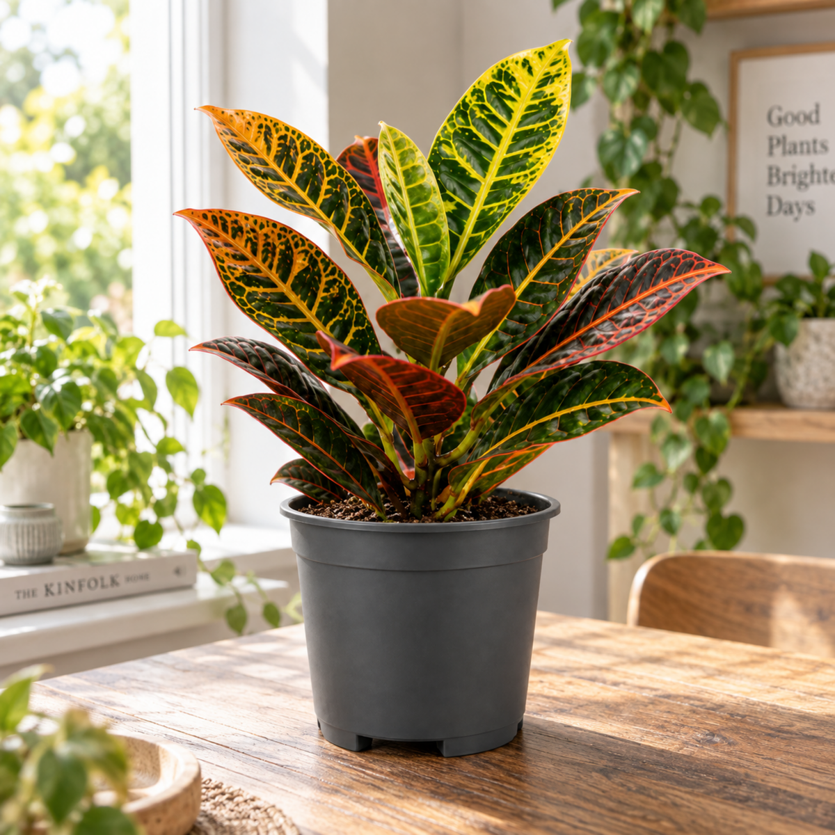 Croton 'Petra' houseplant with red, orange, yellow and green variegated leaves.