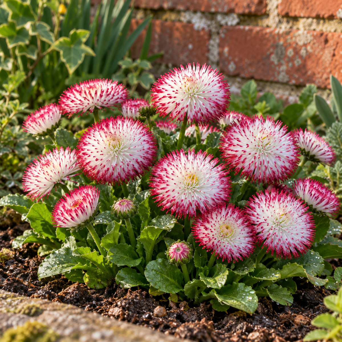 Double daisy flowers with deep red petals tipped in white