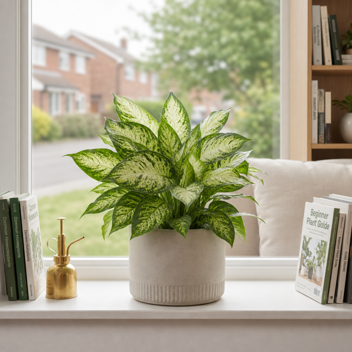 Dieffenbachia Dumb Cane houseplant with green and cream variegated leaves.