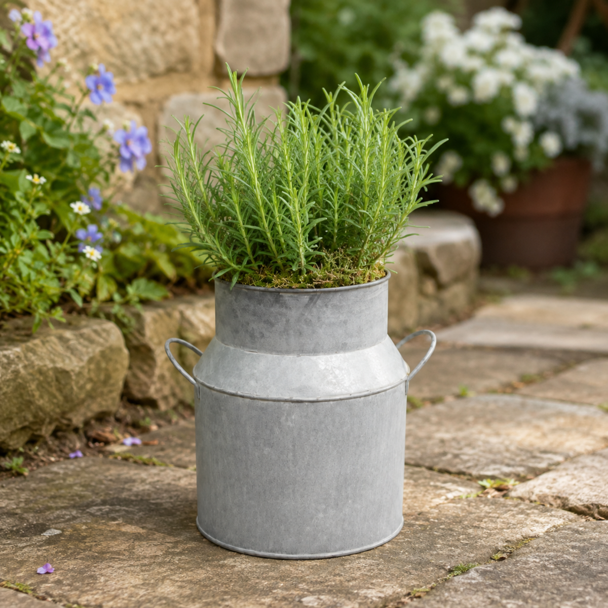 Green rosemary herb in pre-planted decorative milk churn planter