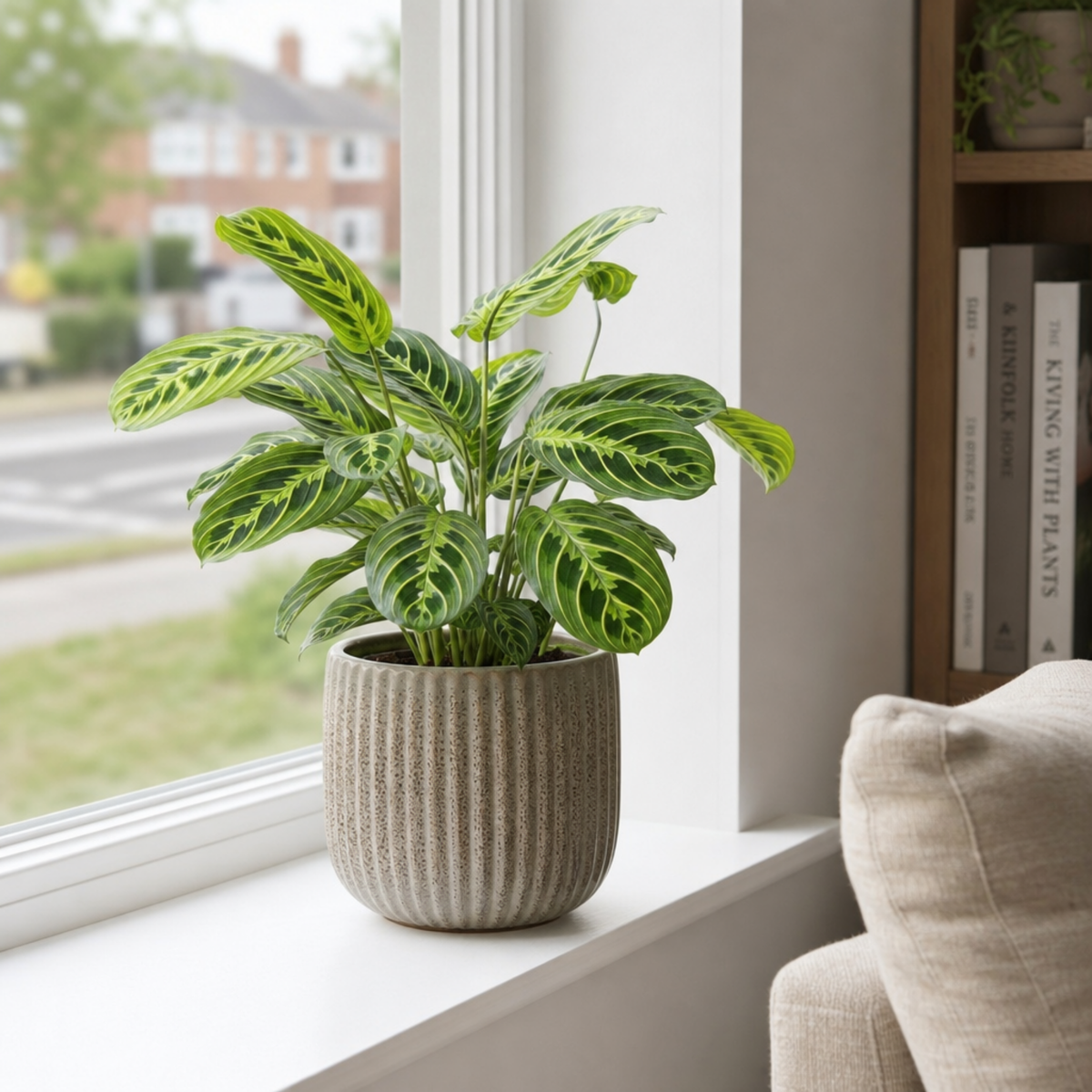 Maranta Lemon Lime prayer plant with lime green and deep green variegated leaves.