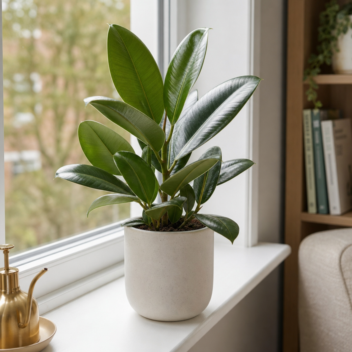 Ficus elastica 'Robusta' Rubber Plant with large glossy deep green leaves.