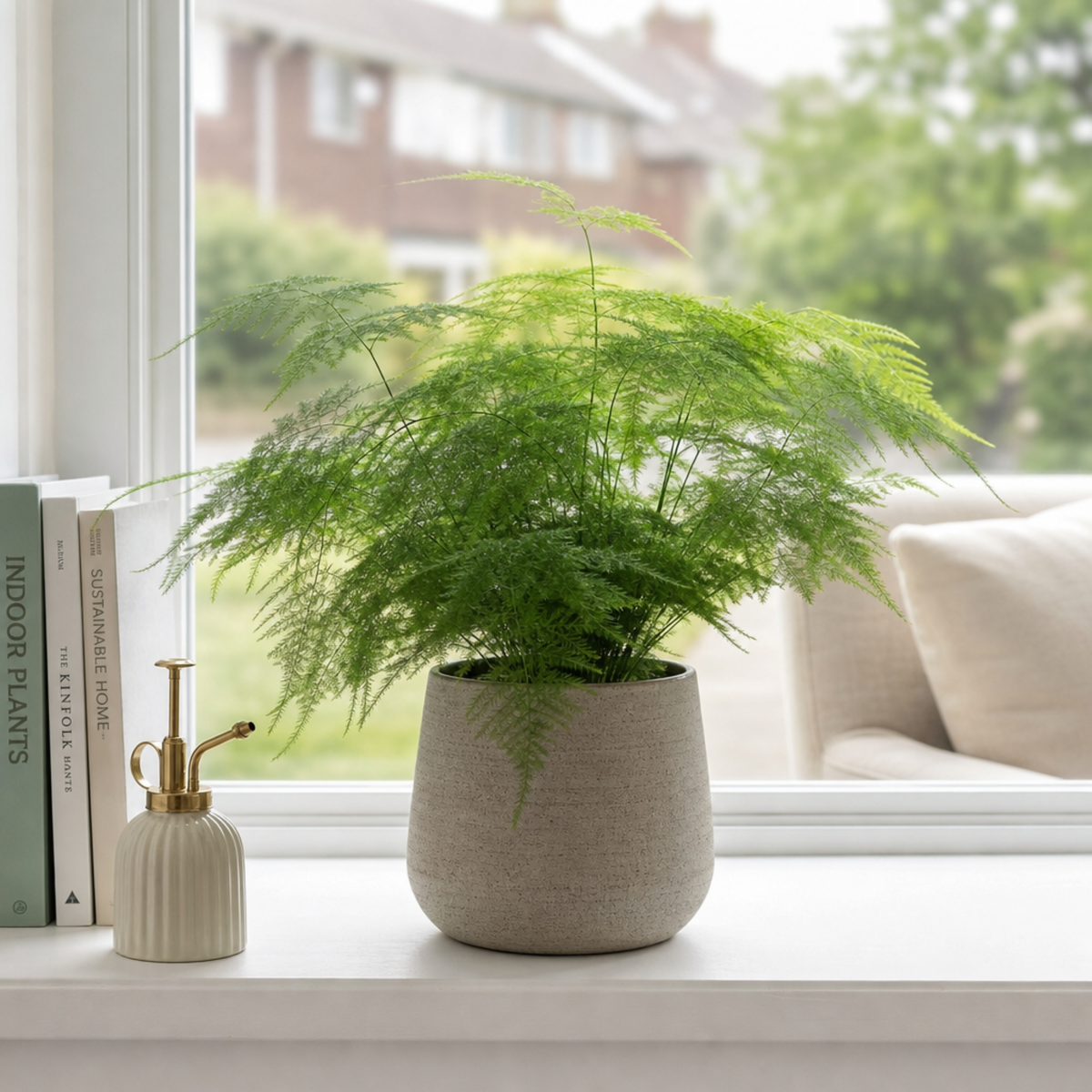 A green asparagus fern houseplant with feathery, bright green foliage in a pot.