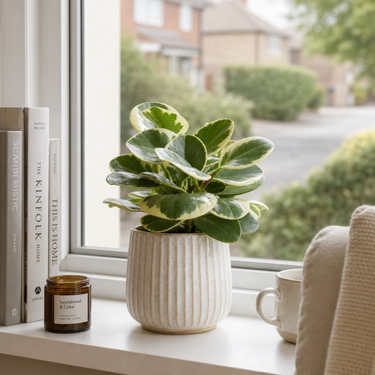 Variegated Peperomia radiator plant with cream and green leaves.