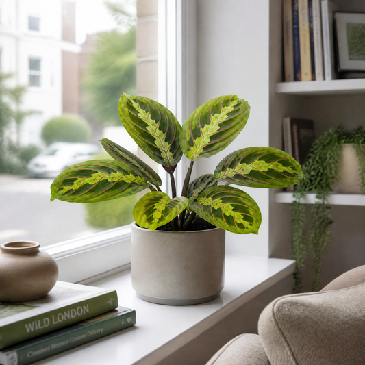 Maranta Lemon Lime Prayer Plant with lime green and yellow striped foliage.