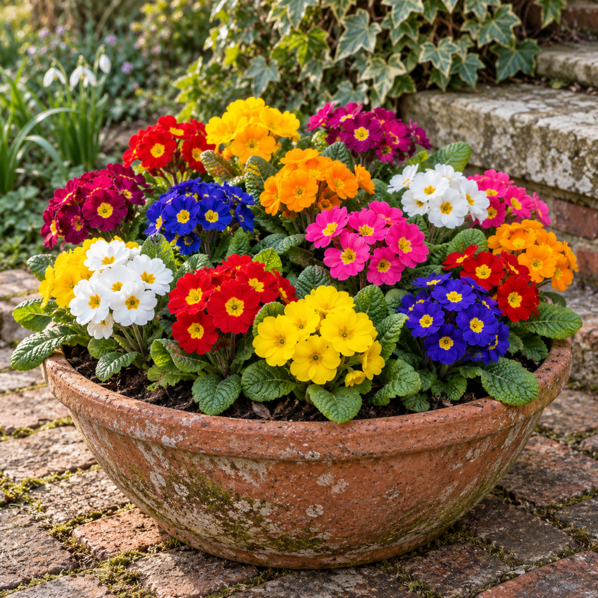 Polyanthus 'Piano Mix' bedding plants in flower in mixed jewel colours with bright centres