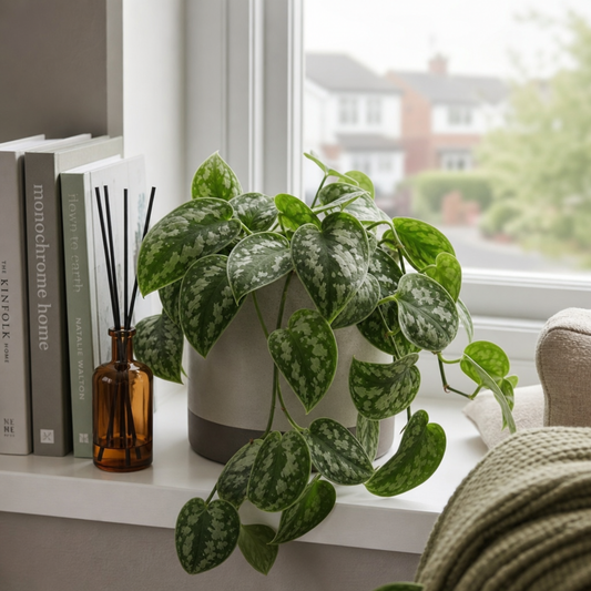 A trailing Scindapsus pictus 'Trebie' plant with dark green, silver-variegated leaves.