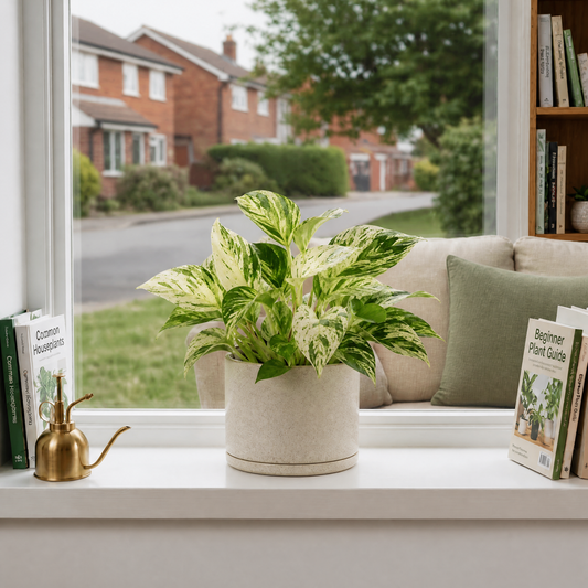 Marble Queen Pothos plant with green and white variegated trailing leaves.