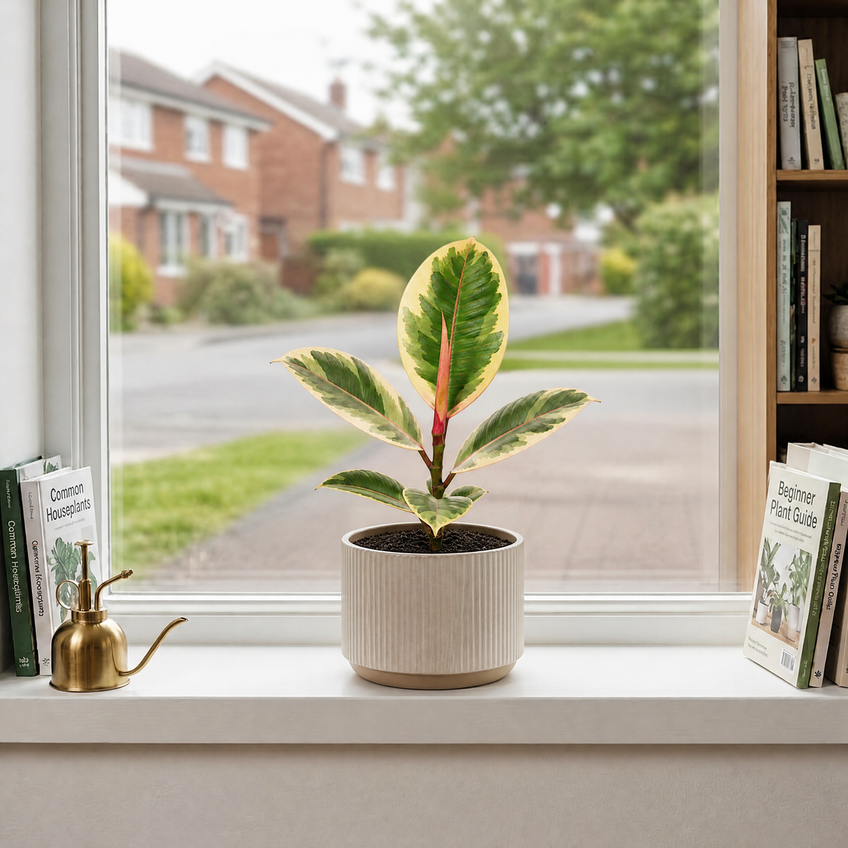 Ficus elastica 'Tineke' rubber plant with variegated cream, green and pink leaves.