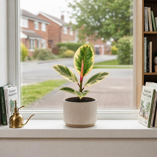 Ficus elastica 'Tineke' rubber plant with variegated cream, green and pink leaves.