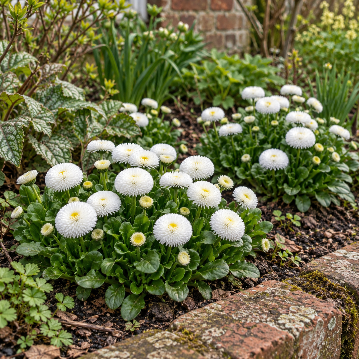 Double white Bellis Habanera daisies with pompon-style flowers