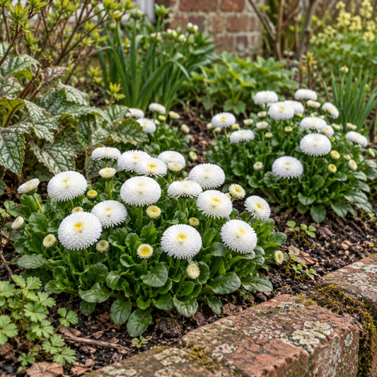 Double white Bellis Habanera daisies with pompon-style flowers