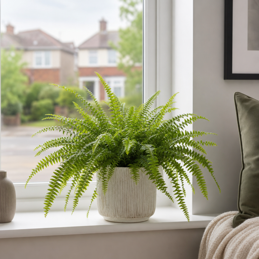 Boston Fern houseplant with lush green arching fronds.