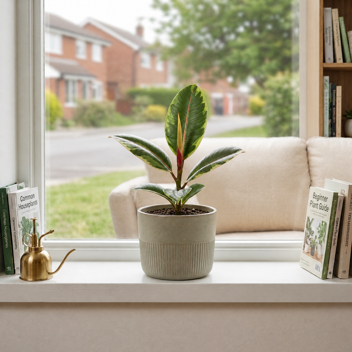 Ficus elastica 'Belize' rubber plant with glossy green, pink-red marked leaves.