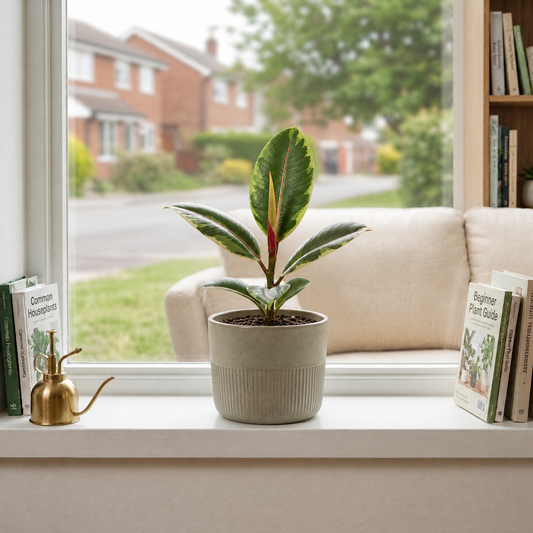 Ficus elastica 'Belize' rubber plant with glossy green, pink-red marked leaves.