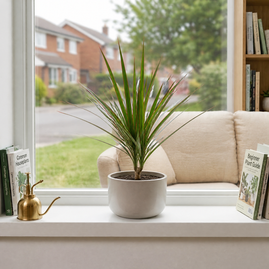 Dracaena marginata Dragon Tree houseplant with green, red-edged arching leaves.