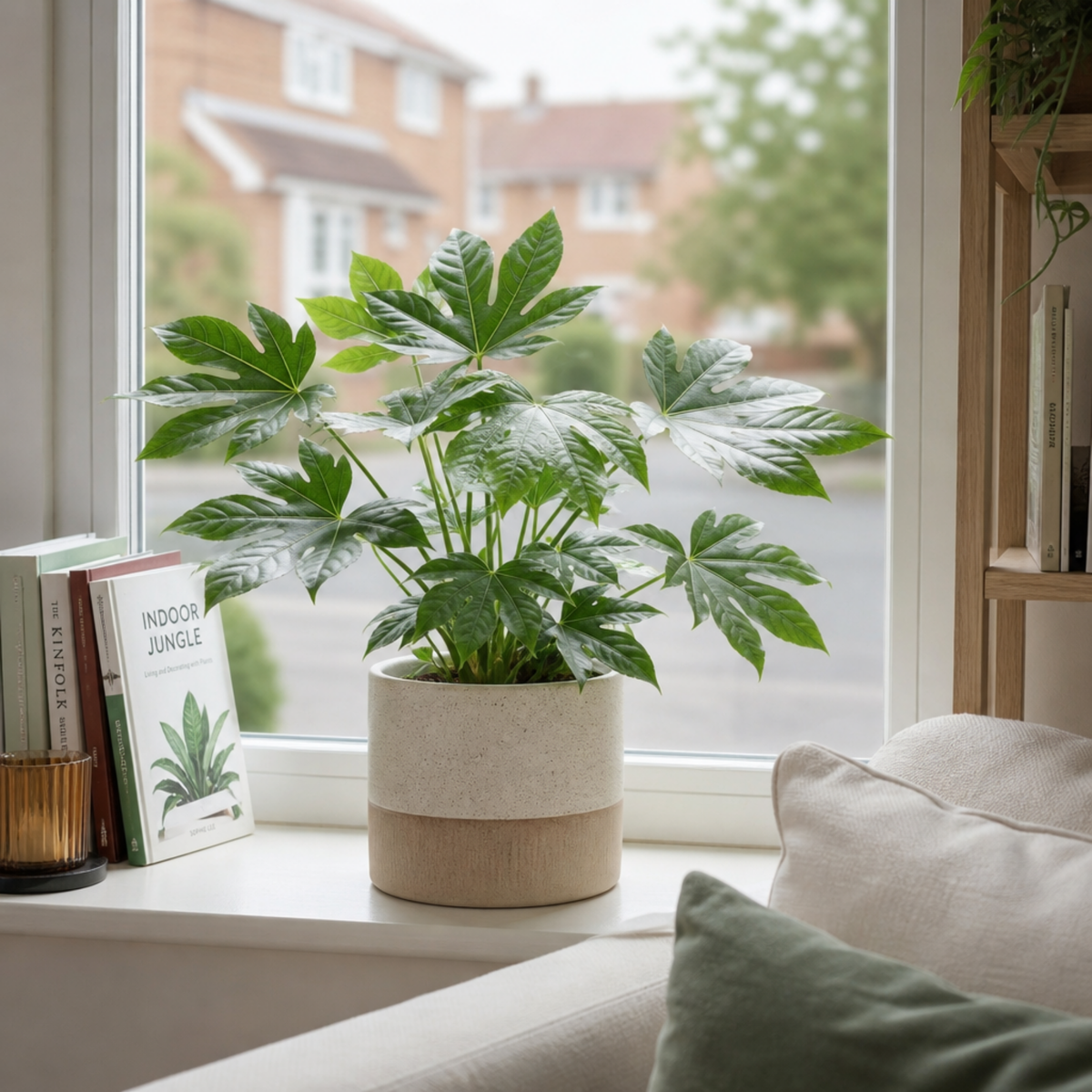 Fatsia japonica, the Paper Plant, with large glossy dark green lobed leaves.