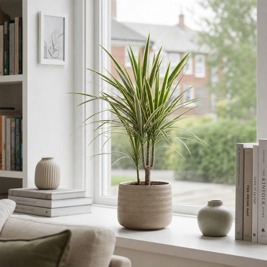 Variegated Dragon Tree houseplant with red and cream edged leaves.