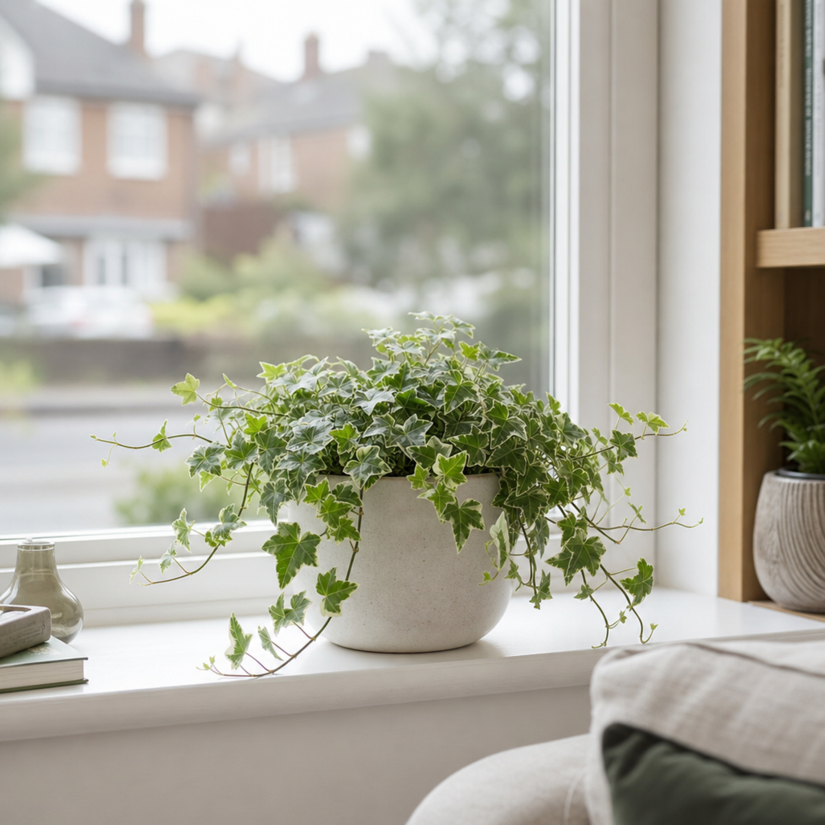 Variegated ivy trailing houseplant with green and cream leaves in a pot.