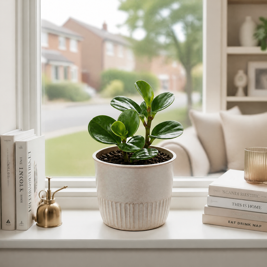 Peperomia obtusifolia 'Variegata' houseplant with creamy white and green variegated leaves.