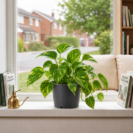 A trailing pothos plant with glossy green and golden variegated heart-shaped leaves.