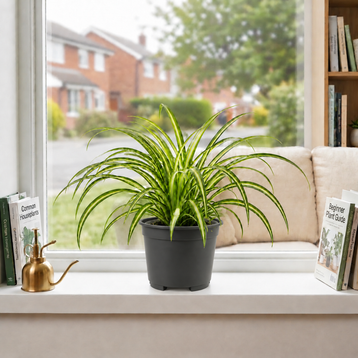 Spider plant with trailing green and white striped leaves.