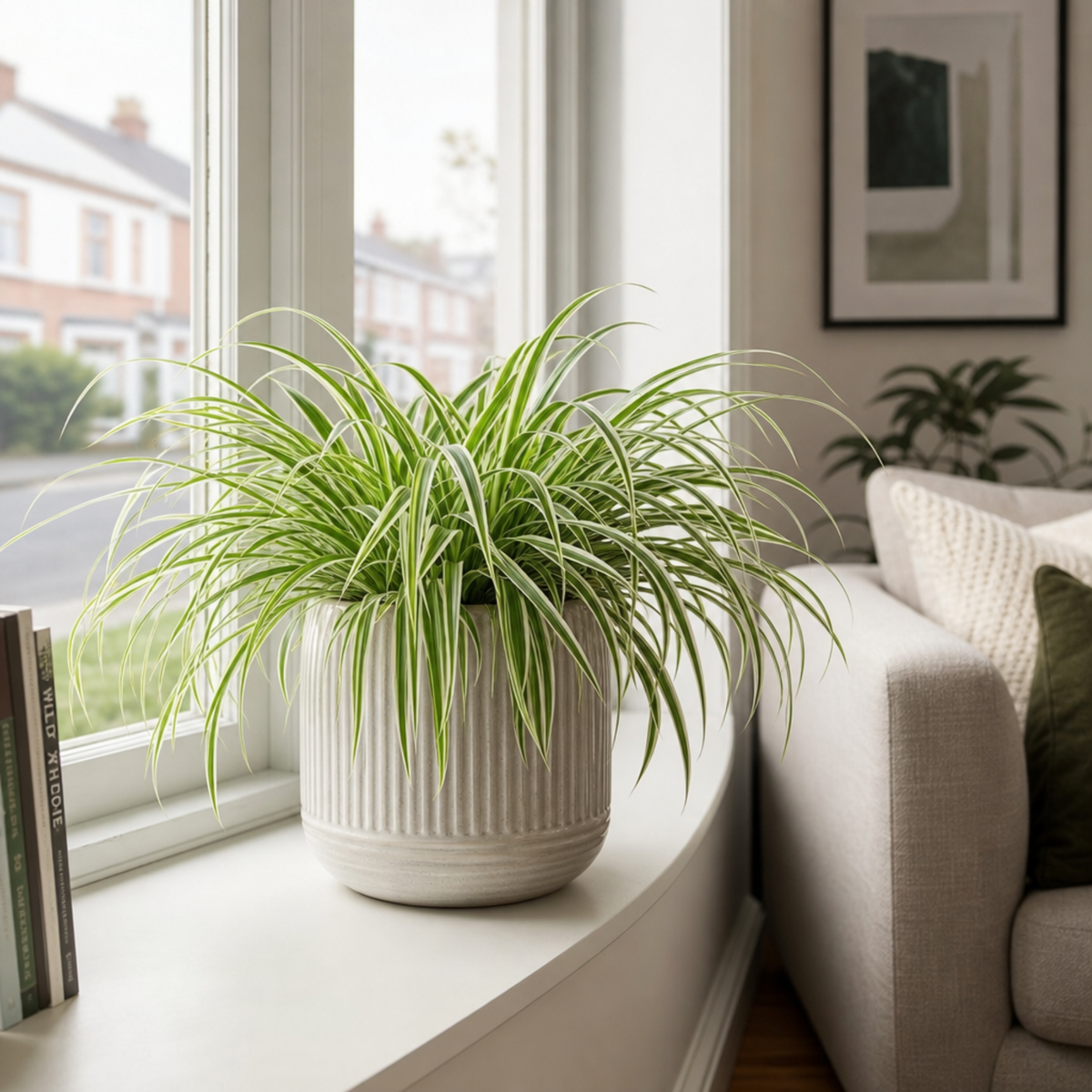 Variegated Spider Plant with creamy-white and green striped trailing leaves.