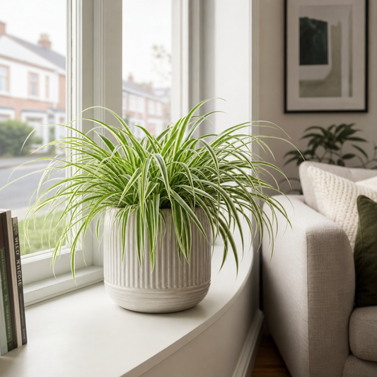 Variegated Spider Plant with creamy-white and green striped trailing leaves.
