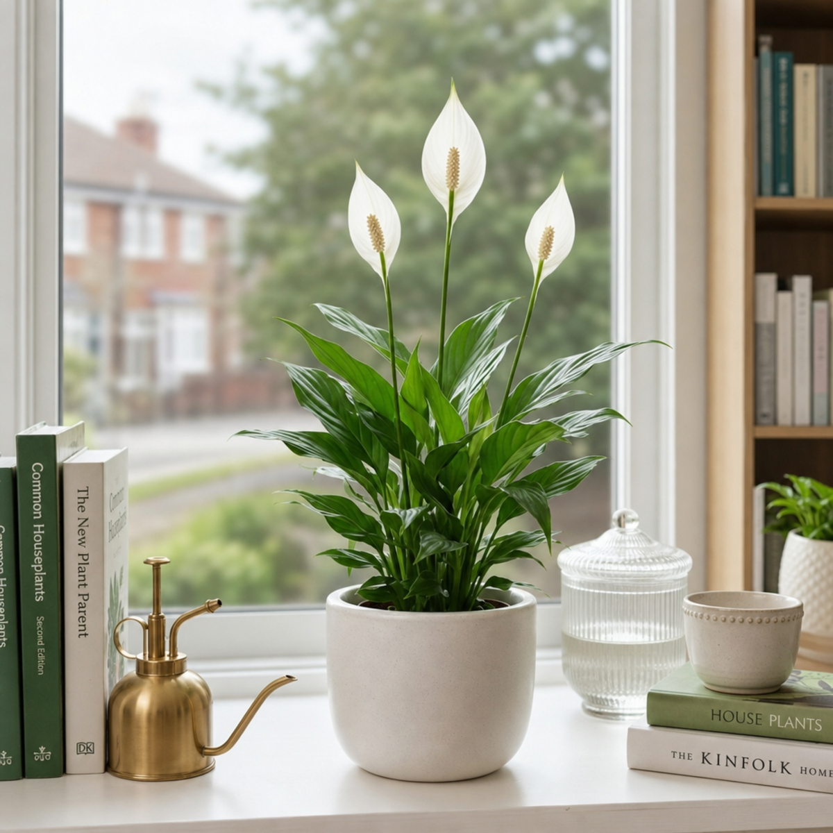 A peace lily houseplant with glossy green leaves and white flowers in a pot.
