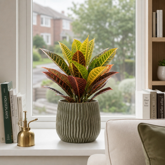 Croton 'Petra' houseplant with red, orange, yellow and green variegated leaves.